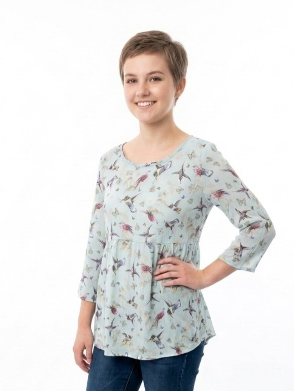 ABOUT A GIRL Top XL Blue Semi-Sheer HUMMINGBIRDS Open Back Babydoll Back Tie